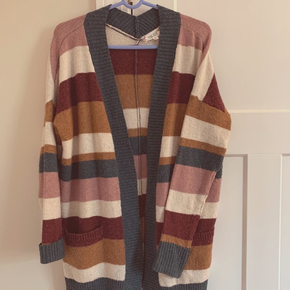 Pink Rose Striped Cardigan Sweater